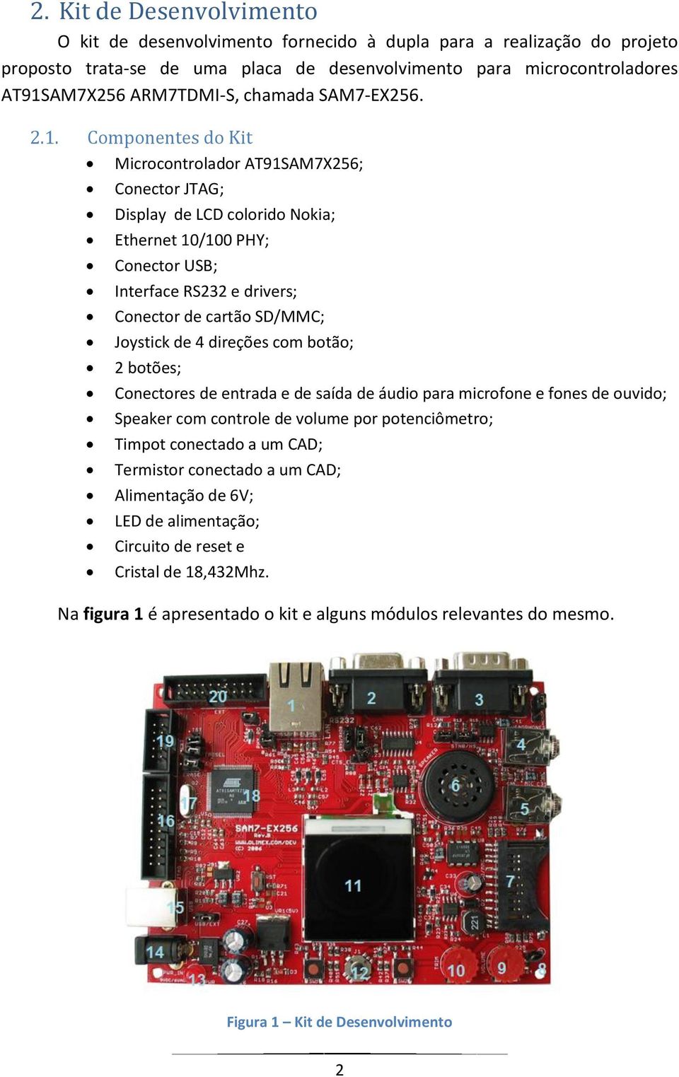 Componentes do Kit Microcontrolador AT91SAM7X256; Conector JTAG; Display de LCD colorido Nokia; Ethernet 10/100 PHY; Conector USB; Interface RS232 e drivers; Conector de cartão SD/MMC; Joystick de 4