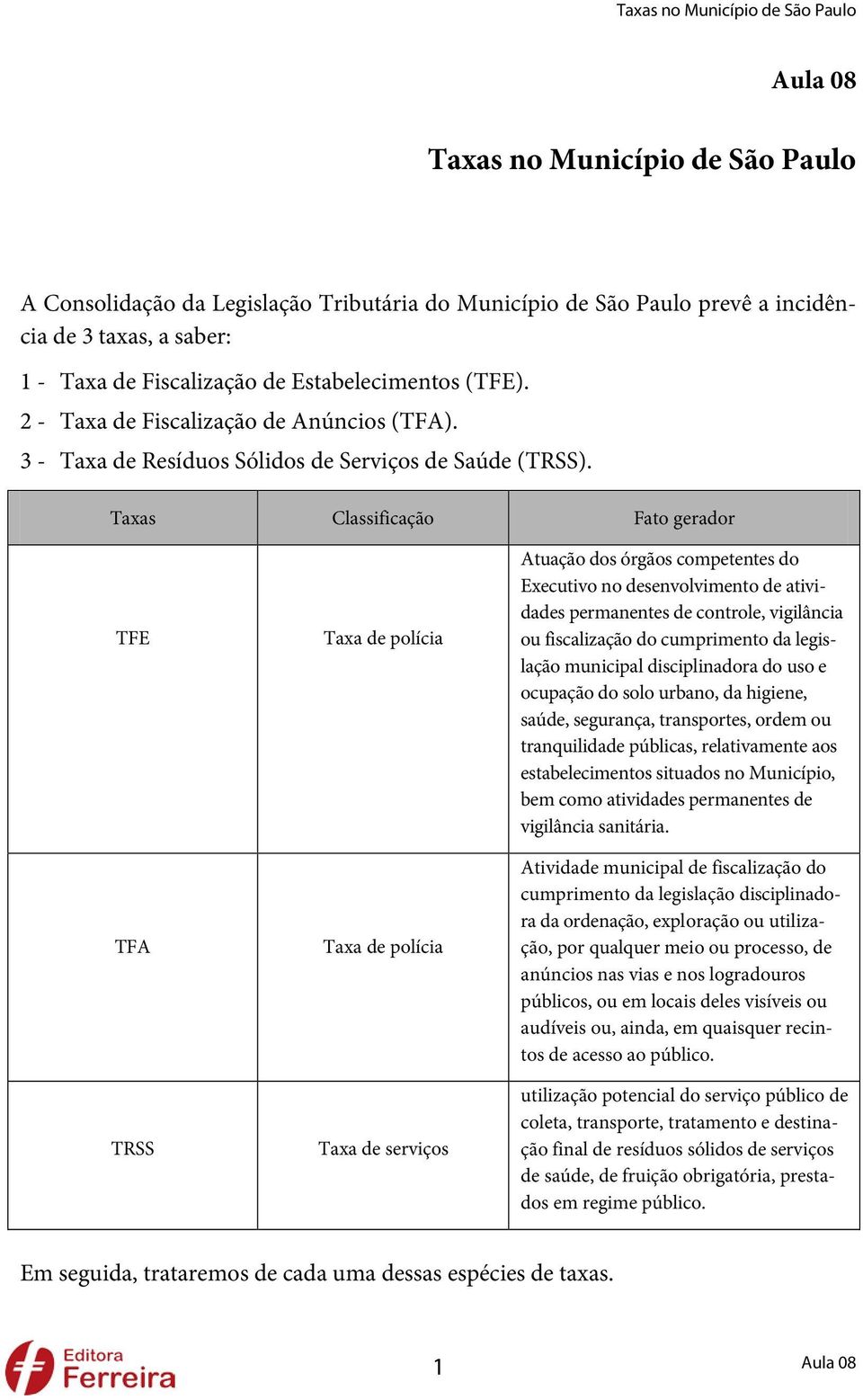 Taxas Classificação Fato gerador TFE TFA TRSS Taxa de polícia Taxa de polícia Taxa de serviços Atuação dos órgãos competentes do Executivo no desenvolvimento de atividades permanentes de controle,