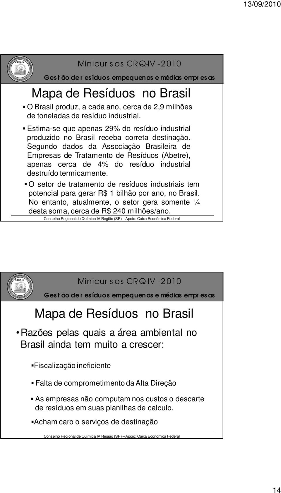 Segundo dados da Associação Brasileira de Empresas de Tratamento de Resíduos (Abetre), apenas cerca de 4% do resíduo industrial destruído termicamente.