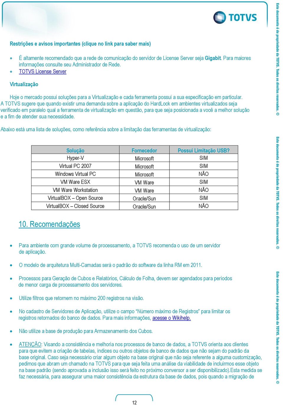 TOTVS License Server Virtualização Hoje o mercado possui soluções para a Virtualização e cada ferramenta possui a sua especificação em particular.