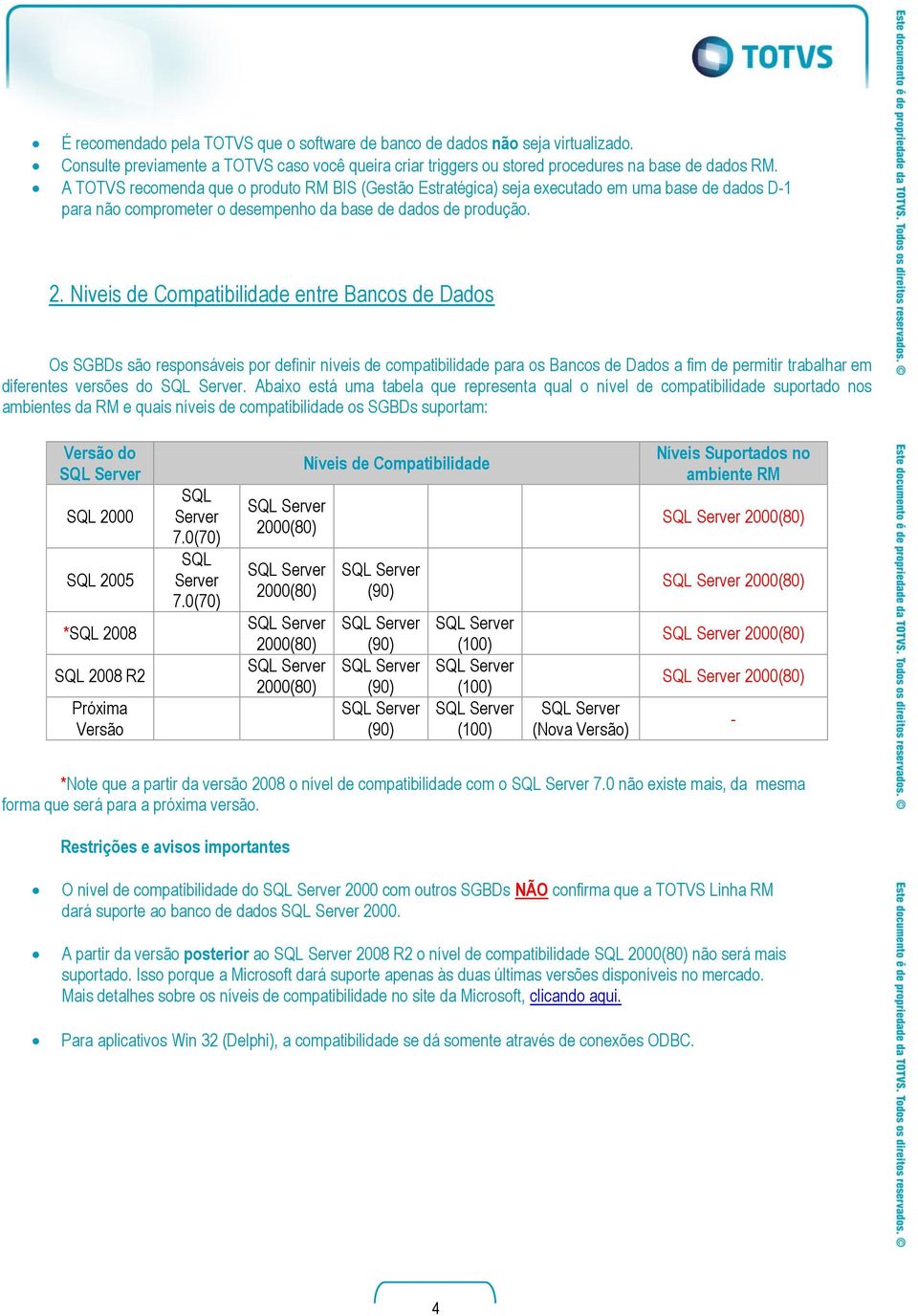 Niveis de Compatibilidade entre Bancos de Dados Os SGBDs são responsáveis por definir níveis de compatibilidade para os Bancos de Dados a fim de permitir trabalhar em diferentes versões do.