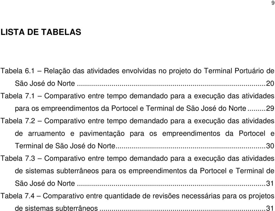 2 Comparativo entre tempo demandado para a execução das atividades de arruamento e pavimentação para os empreendimentos da Portocel e Terminal de São José do Norte... 30 Tabela 7.