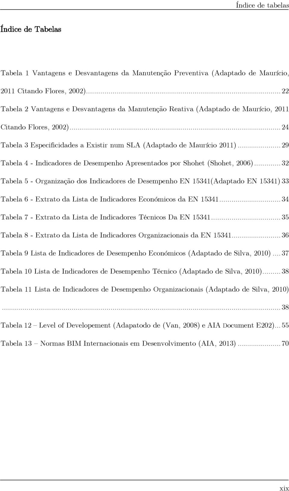 .. 29 Tabela 4 - Indicadores de Desempenho Apresentados por Shohet (Shohet, 2006).