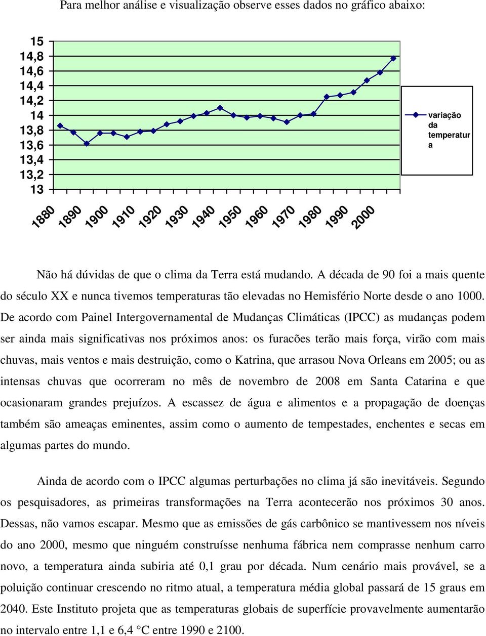 De acordo com Painel Intergovernamental de Mudanças Climáticas (IPCC) as mudanças podem ser ainda mais significativas nos próximos anos: os furacões terão mais força, virão com mais chuvas, mais