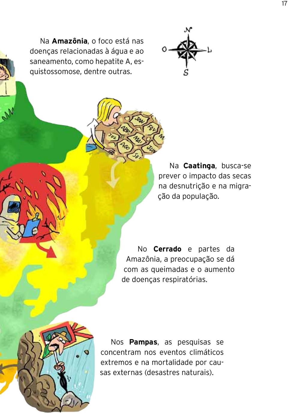 No Cerrado e partes da Amazônia, a preocupação se dá com as queimadas e o aumento de doenças respiratórias.