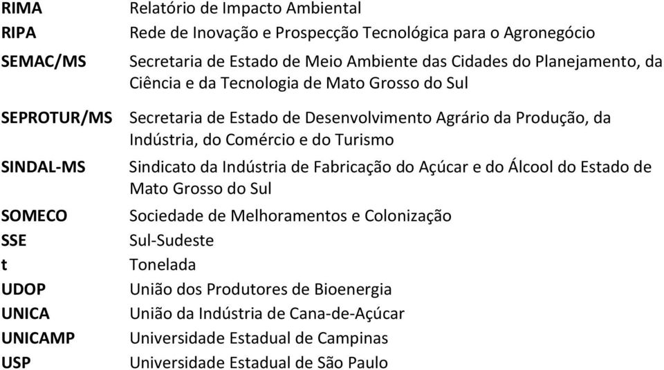 Produção, da Indústria, do Comércio e do Turismo Sindicato da Indústria de Fabricação do Açúcar e do Álcool do Estado de Mato Grosso do Sul Sociedade de Melhoramentos e