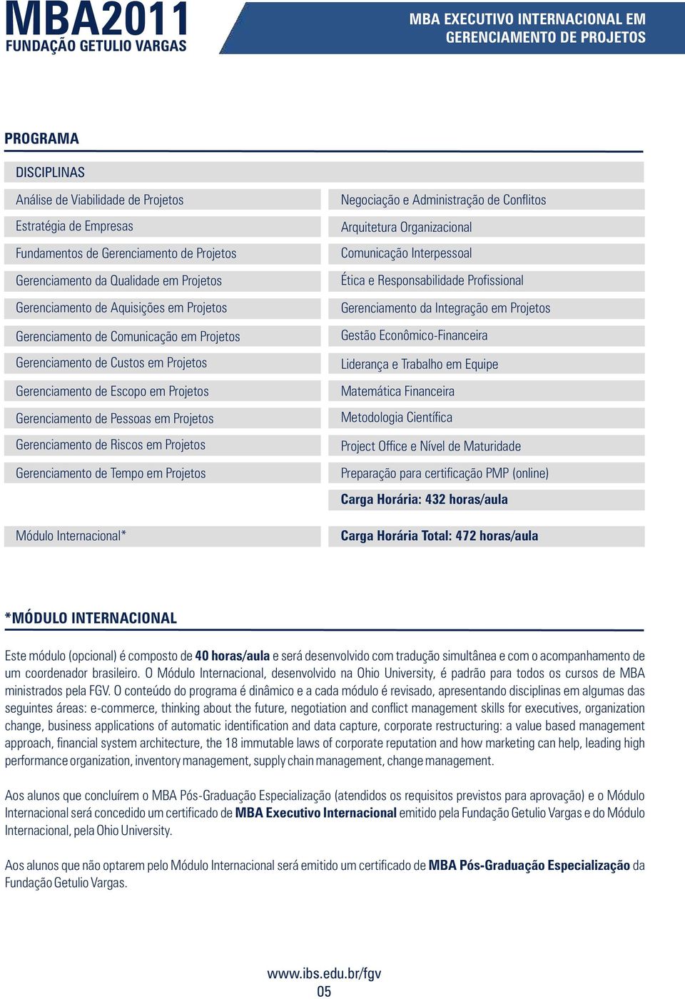 de Tempo em Projetos Módulo Internacional* Negociação e Administração de Conflitos Arquitetura Organizacional Comunicação Interpessoal Ética e Responsabilidade Profissional Gerenciamento da