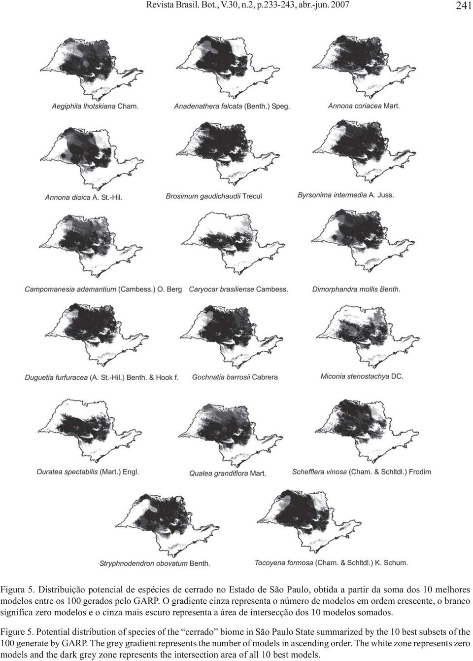 O gradiente cinza representa o número de modelos em ordem crescente, o branco significa zero modelos e o cinza mais escuro representa a área de intersecção dos 10 modelos somados.