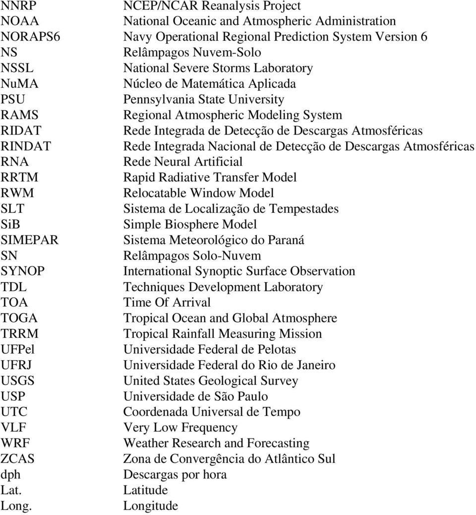 Integrada Nacional de Detecção de Descargas Atmosféricas RNA Rede Neural Artificial RRTM Rapid Radiative Transfer Model RWM Relocatable Window Model SLT Sistema de Localização de Tempestades SiB