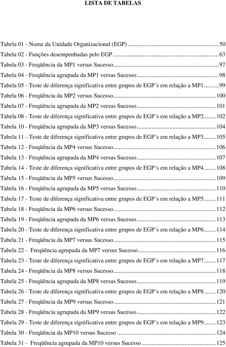 ..100 Tabela 07 - Freqüência agrupada da MP2 versus Sucesso...101 Tabela 08 - Teste de diferença significativa entre grupos de EGP s em relação a MP2.