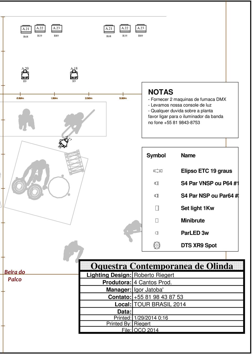 23 R68 R19 R89 R68 R19 R89 NOTAS - Fornecer 2 maquinas de fumaca DMX - Levamos nossa console de luz - Qualquer duvida sobre a planta favor ligar para