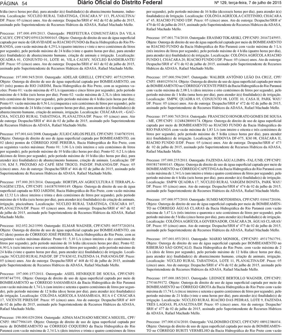 Ato de outorga: Despacho/SRH nº 462 de 02 de julho de 2015, assinado pelo Superintendente de Recursos Hídricos da ADASA, Rafael Machado Mello. Processo: 197.000.499/2013.