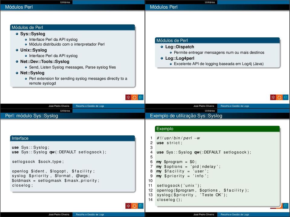 API de logging baseada em Log4j (Java) Perl: módulo Sys:: Exemplo de utilização Sys:: Exemplo Interface use Sys : : ; use Sys : : qw ( :DEFAULT setlogsock ) ; setlogsock $sock type ; openlog $ident,