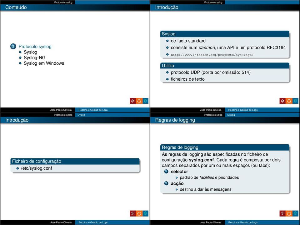 configuração /etc/syslog.conf Regras de logging As regras de logging são especificadas no ficheiro de configuração syslog.conf.