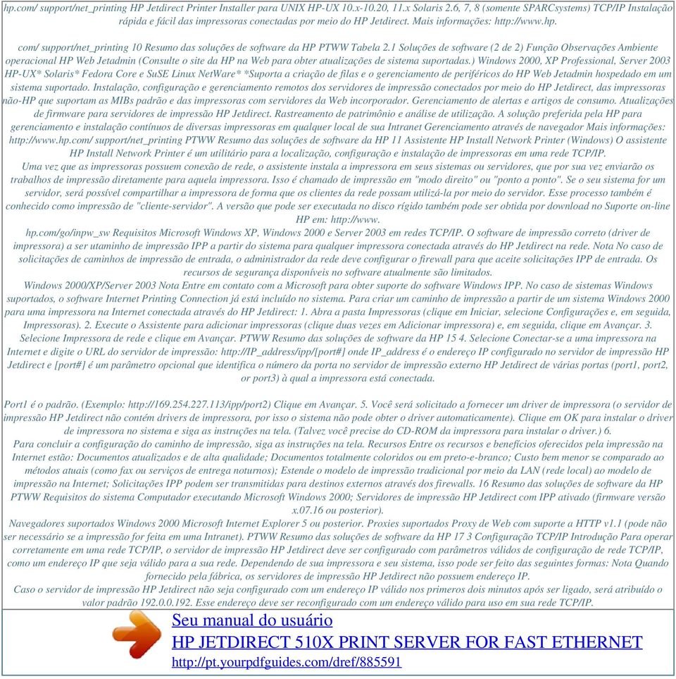 com/ support/net_printing 10 Resumo das soluções de software da HP PTWW Tabela 2.