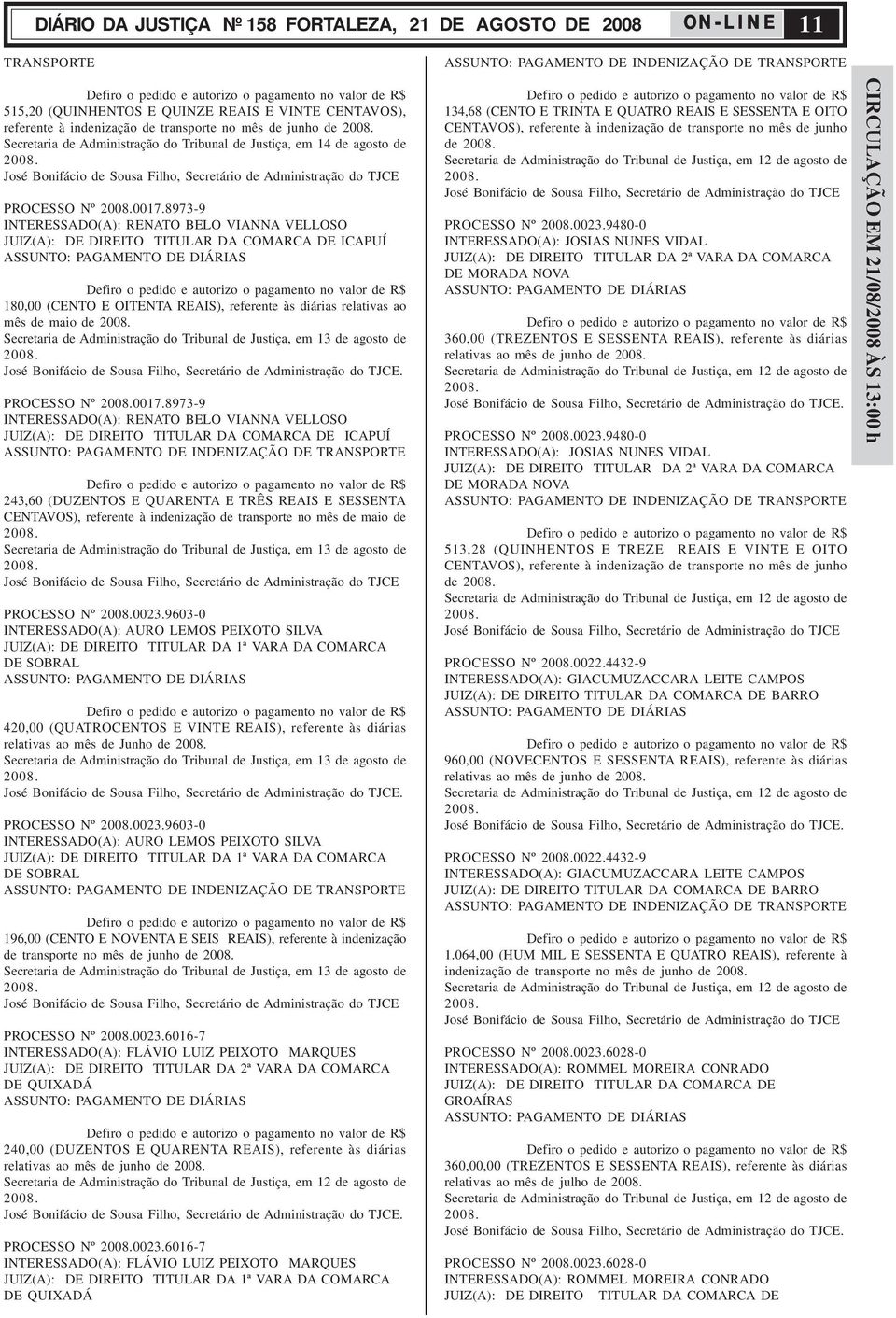 José Bonifácio de Sousa Filho, Secretário de Administração do TJCE PROCESSO Nº 2008.0017.