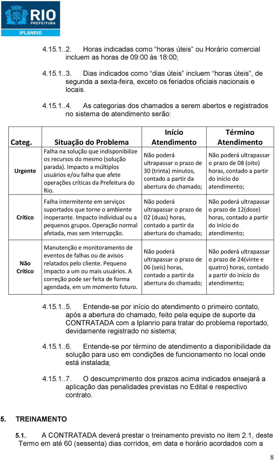 15.1..4. As categorias dos chamados a serem abertos e registrados no sistema de atendimento serão: Categ.