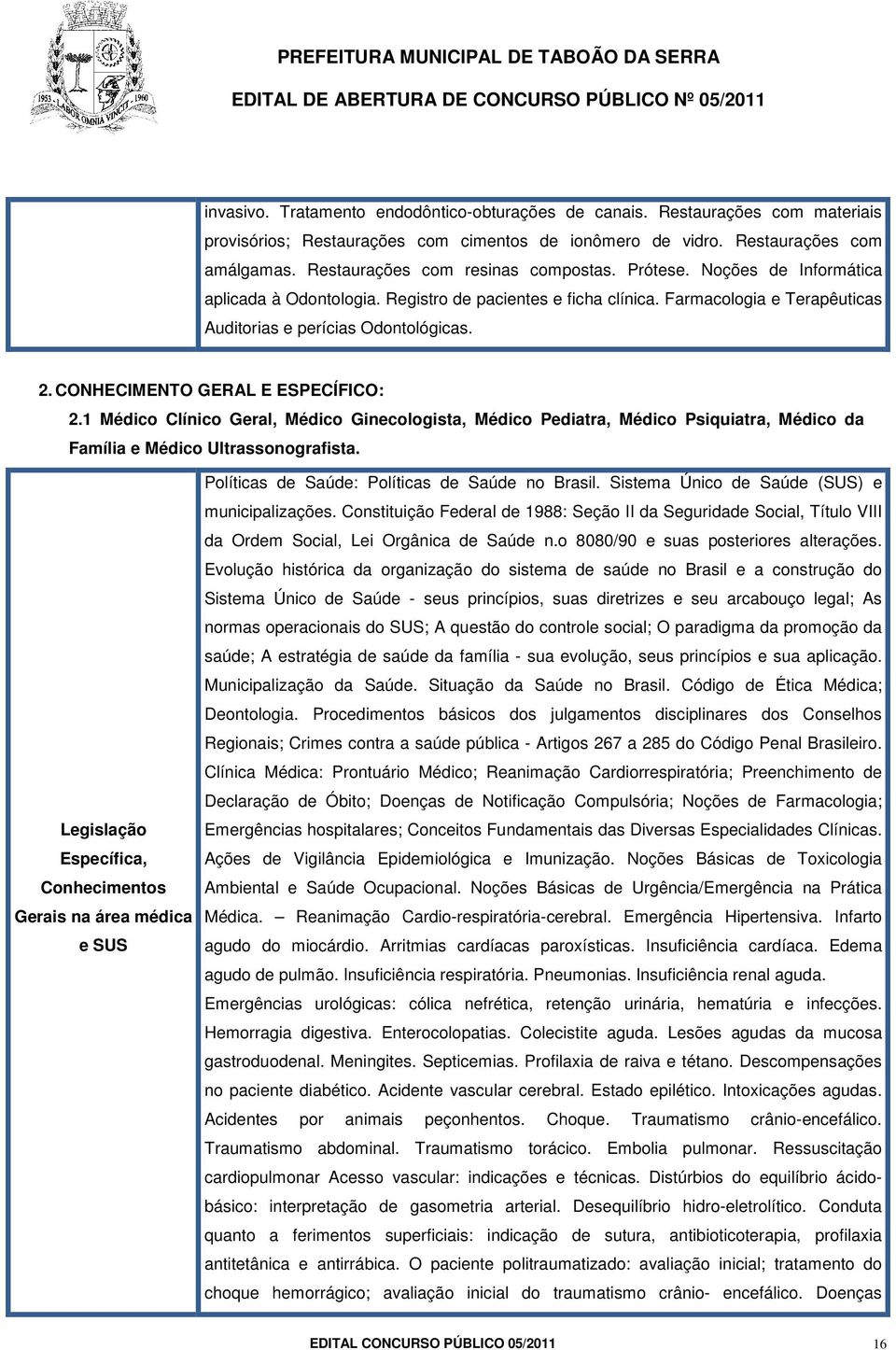 CONHECIMENTO GERAL E ESPECÍFICO: 2.1 Médico Clínico Geral, Médico Ginecologista, Médico Pediatra, Médico Psiquiatra, Médico da Família e Médico Ultrassonografista.