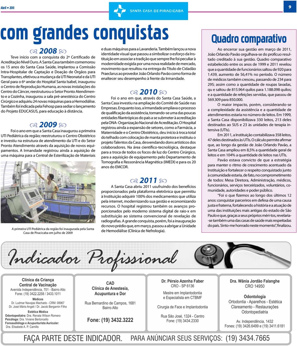 para o 6º andar do Hospital Santa Isabel, inaugurou o Centro de Reprodução Humana, as novas instalações do Centro do Câncer, reestruturou o Setor Pronto Atendimento e a Cozinha, inaugurou a sala