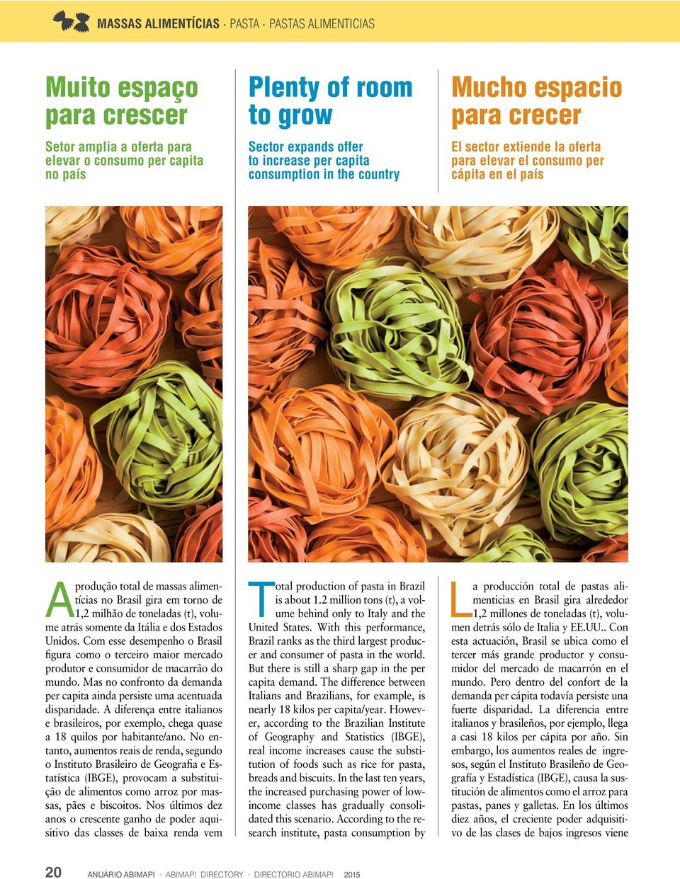 de 1,2 milhão de toneladas (t), volume atrás somente da Itália e dos Estados Unidos. Com esse desempenho o Brasil figura como o terceiro maior mercado produtor e consumidor de macarrão do mundo.