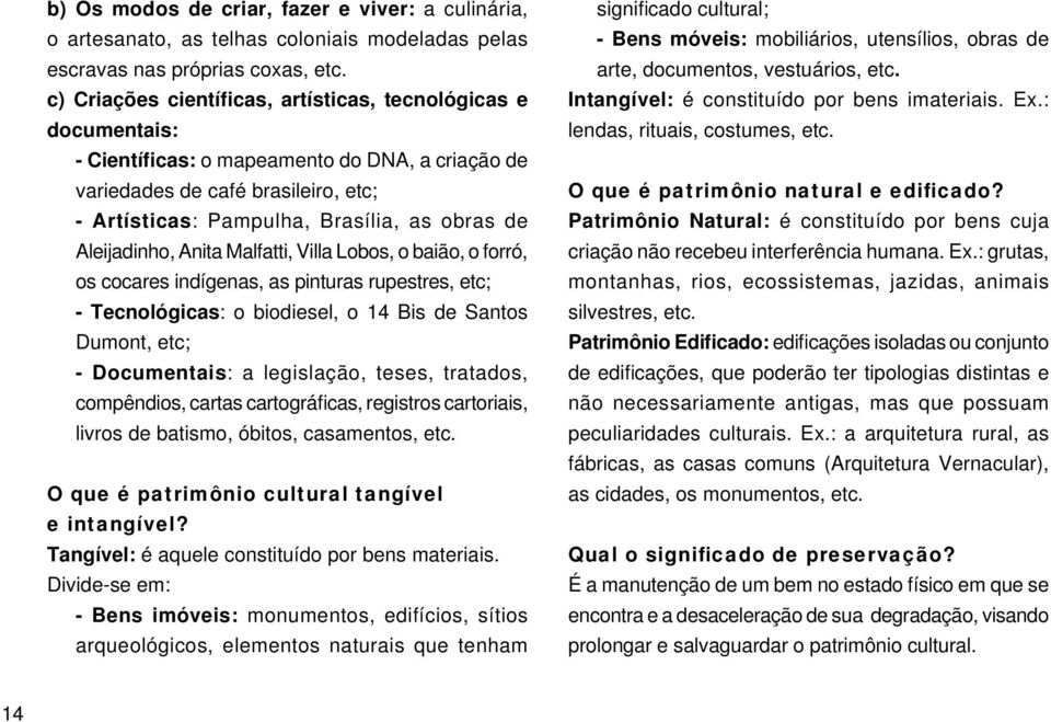 Aleijadinho, Anita Malfatti, Villa Lobos, o baião, o forró, os cocares indígenas, as pinturas rupestres, etc; - Tecnológicas: o biodiesel, o 14 Bis de Santos Dumont, etc; - Documentais: a legislação,