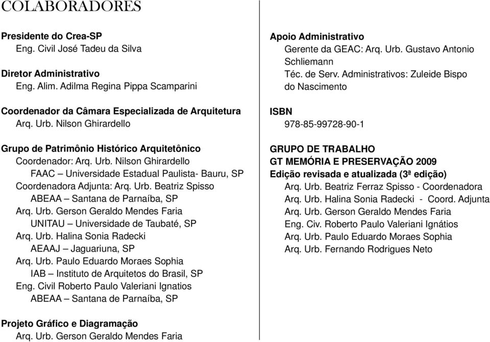 Urb. Gerson Geraldo Mendes Faria UNITAU Universidade de Taubaté, SP Arq. Urb. Halina Sonia Radecki AEAAJ Jaguariuna, SP Arq. Urb. Paulo Eduardo Moraes Sophia IAB Instituto de Arquitetos do Brasil, SP Eng.