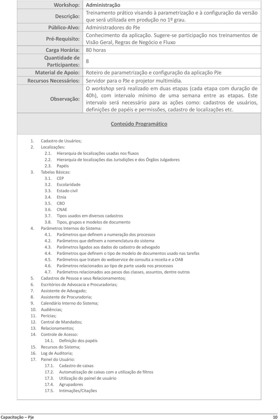 Sugere-se participação nos treinamentos de Visão Geral, Regras de Negócio e Fluxo 80 horas 8 Roteiro de parametrização e configuração da aplicação PJe Servidor para o PJe e projetor multimídia.