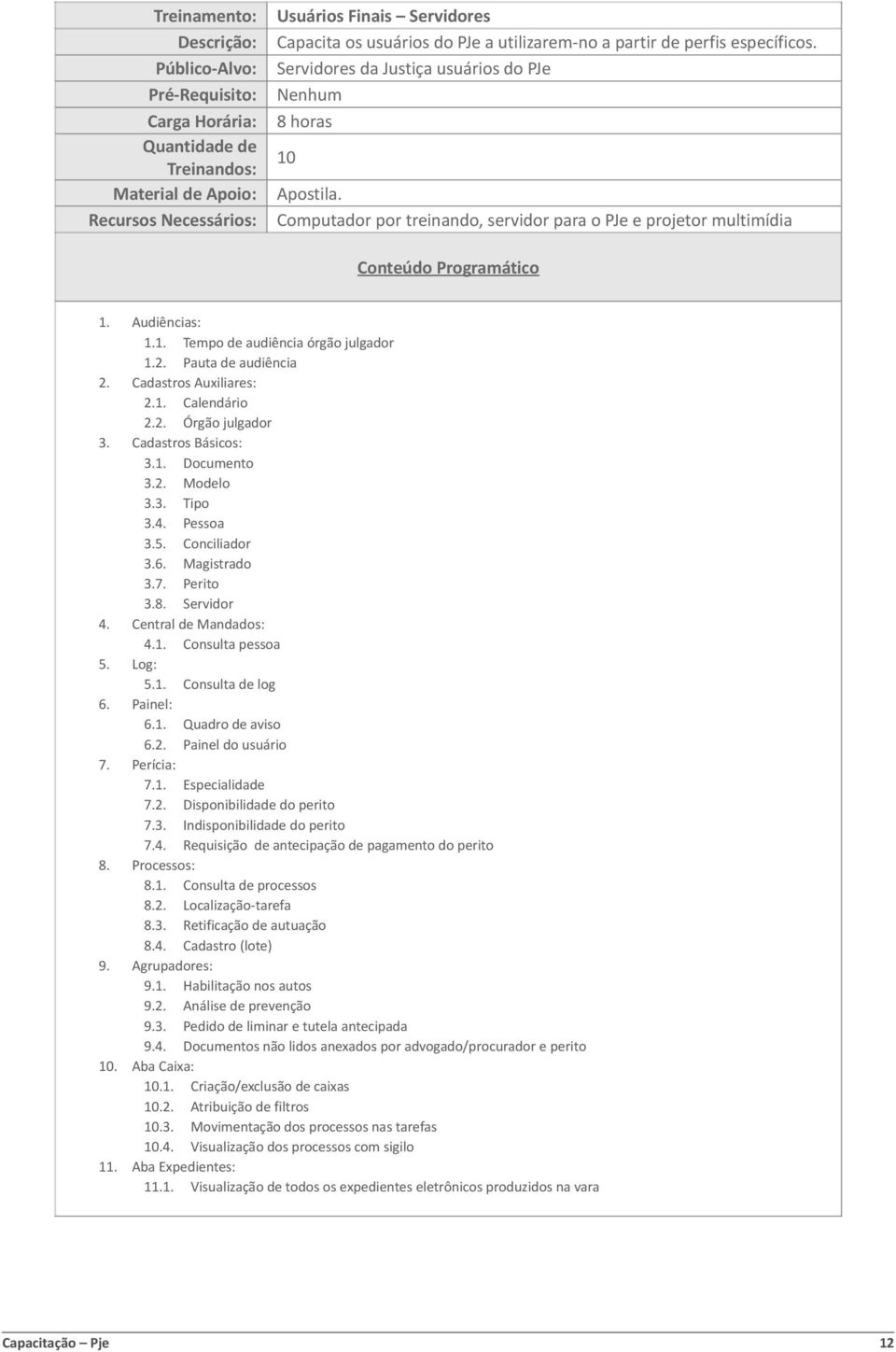 Cadastros Básicos: 3.1. Documento 3.2. Modelo 3.3. Tipo 3.4. Pessoa 3.5. Conciliador 3.6. Magistrado 3.7. Perito 3.8. Servidor 4. Central de Mandados: 4.1. Consulta pessoa 5. Log: 5.1. Consulta de log 6.