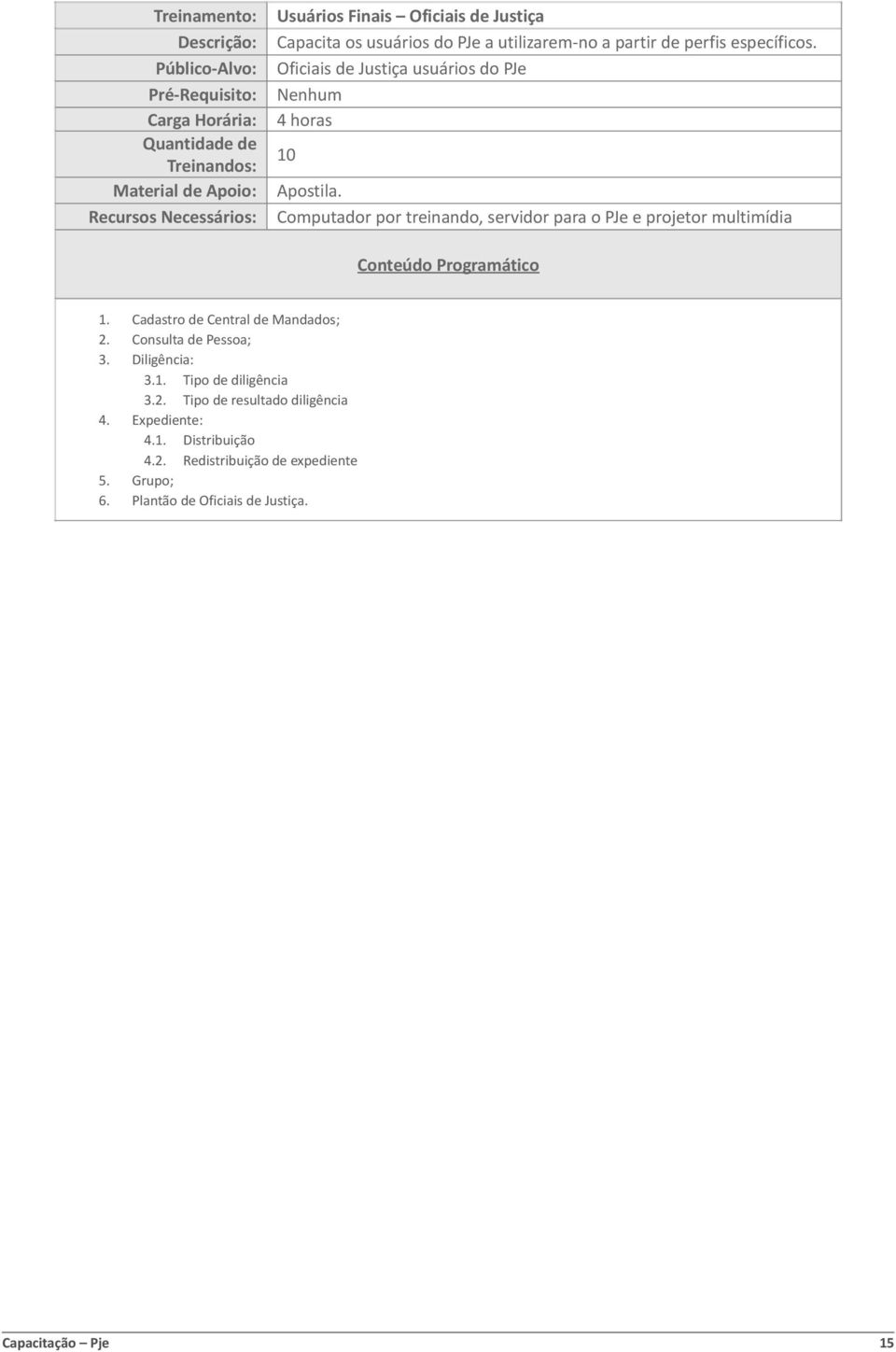 Computador por treinando, servidor para o PJe e projetor multimídia 1. Cadastro de Central de Mandados; 2. Consulta de Pessoa; 3.