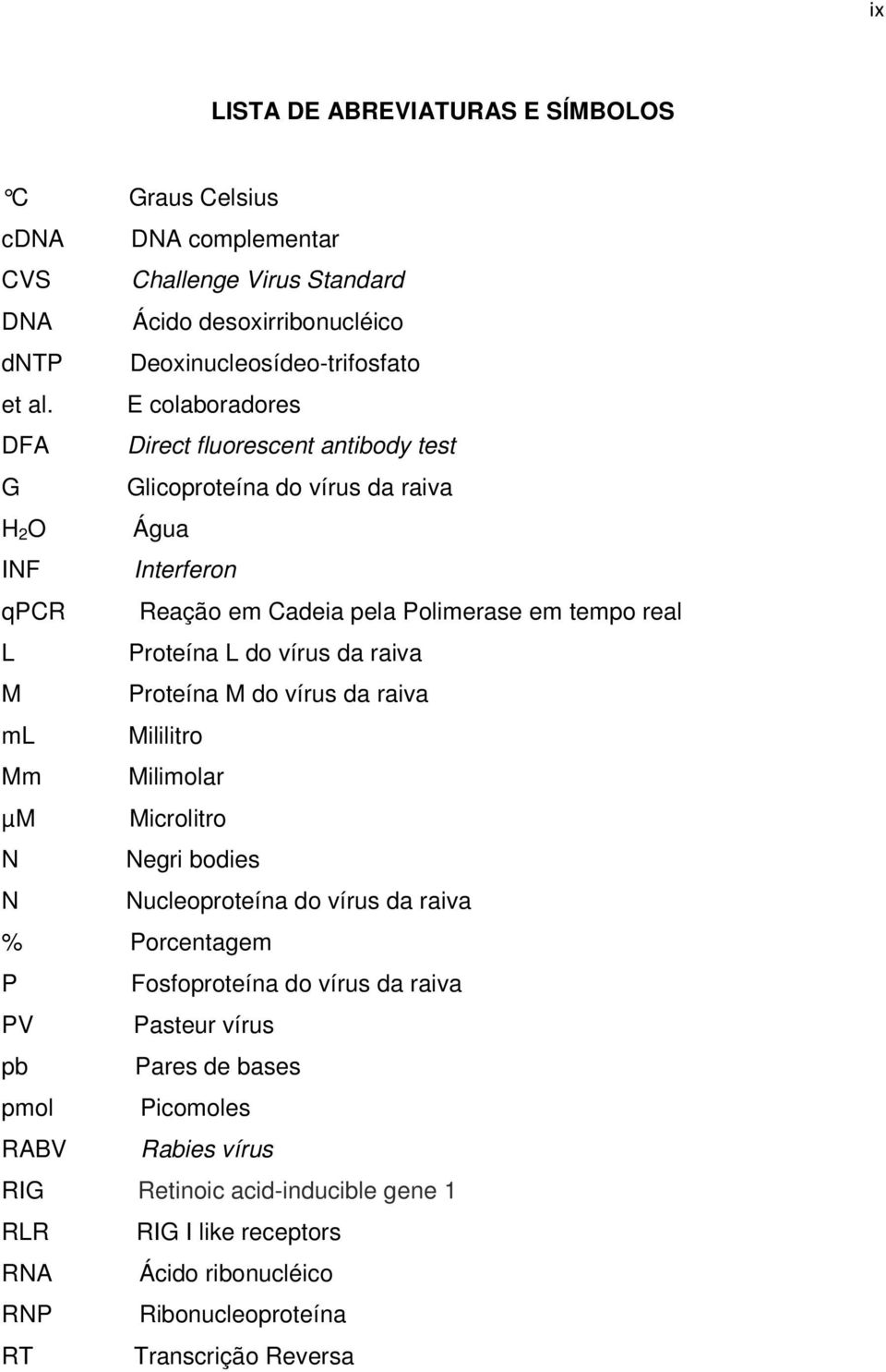 vírus da raiva M Proteína M do vírus da raiva ml Mililitro Mm Milimolar µm Microlitro N Negri bodies N Nucleoproteína do vírus da raiva % Porcentagem P Fosfoproteína do vírus da