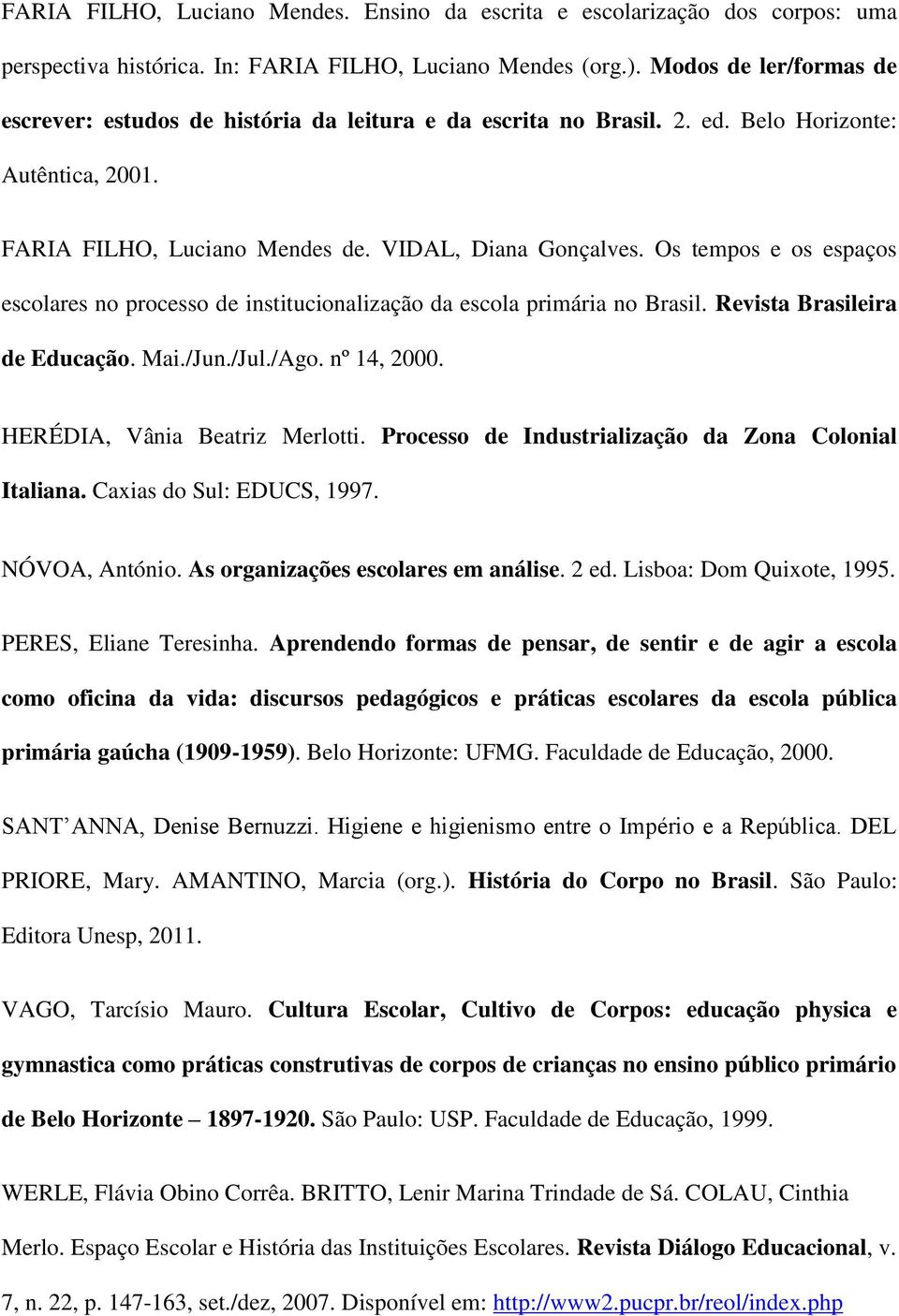 Os tempos e os espaços escolares no processo de institucionalização da escola primária no Brasil. Revista Brasileira de Educação. Mai./Jun./Jul./Ago. nº 14, 2000. HERÉDIA, Vânia Beatriz Merlotti.