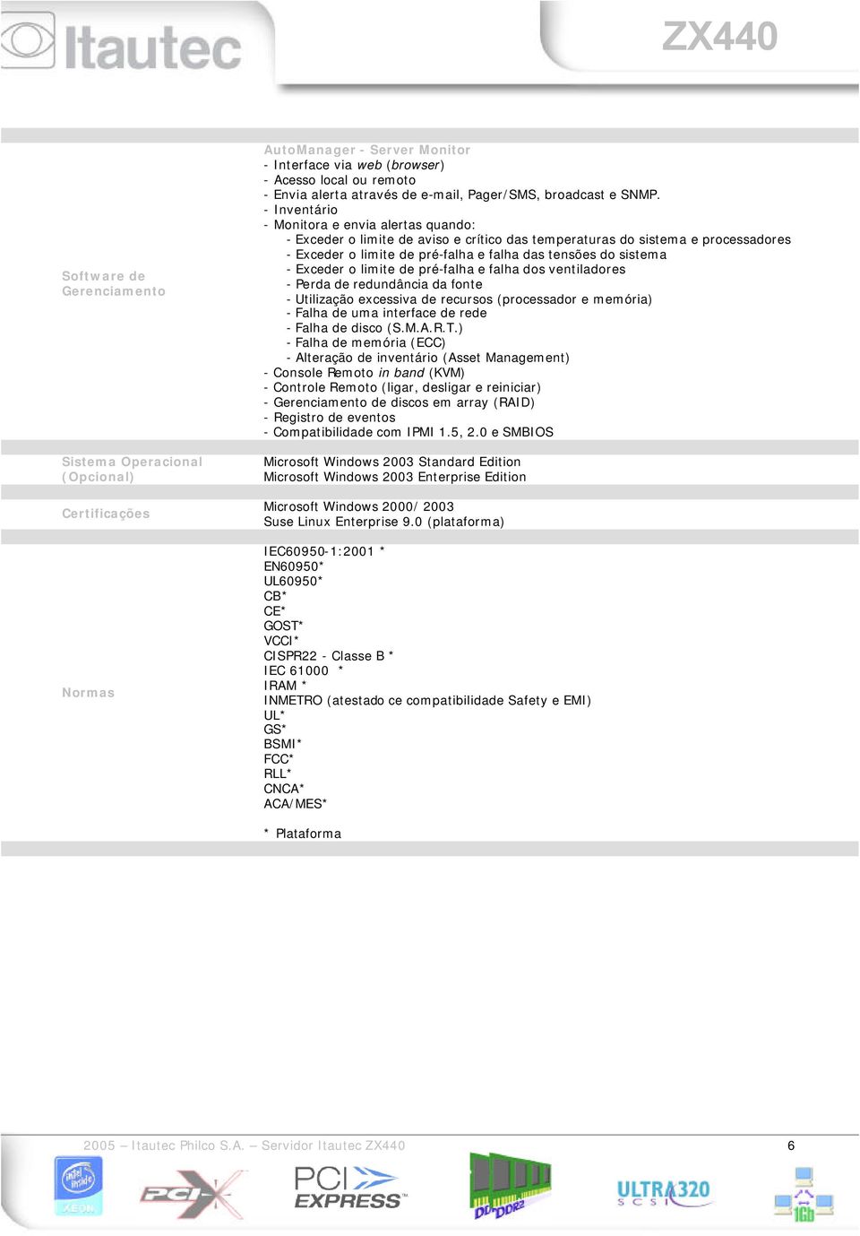 - Inventário - Monitora e envia alertas quando: - Exceder o limite de aviso e crítico das temperaturas do sistema e processadores - Exceder o limite de pré-falha e falha das tensões do sistema -