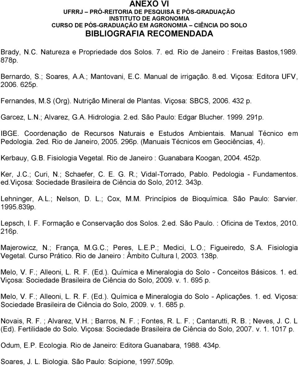 Nutrição Mineral de Plantas. Viçosa: SBCS, 2006. 432 p. Garcez, L.N.; Alvarez, G.A. Hidrologia. 2.ed. São Paulo: Edgar Blucher. 1999. 291p. IBGE. Coordenação de Recursos Naturais e Estudos Ambientais.