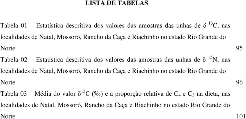 N, nas localidades de Natal, Mossoró, Rancho da Caça e Riachinho no estado Rio Grande do Norte 96 Tabela 03 Média do valor δ 13 C ( ) e