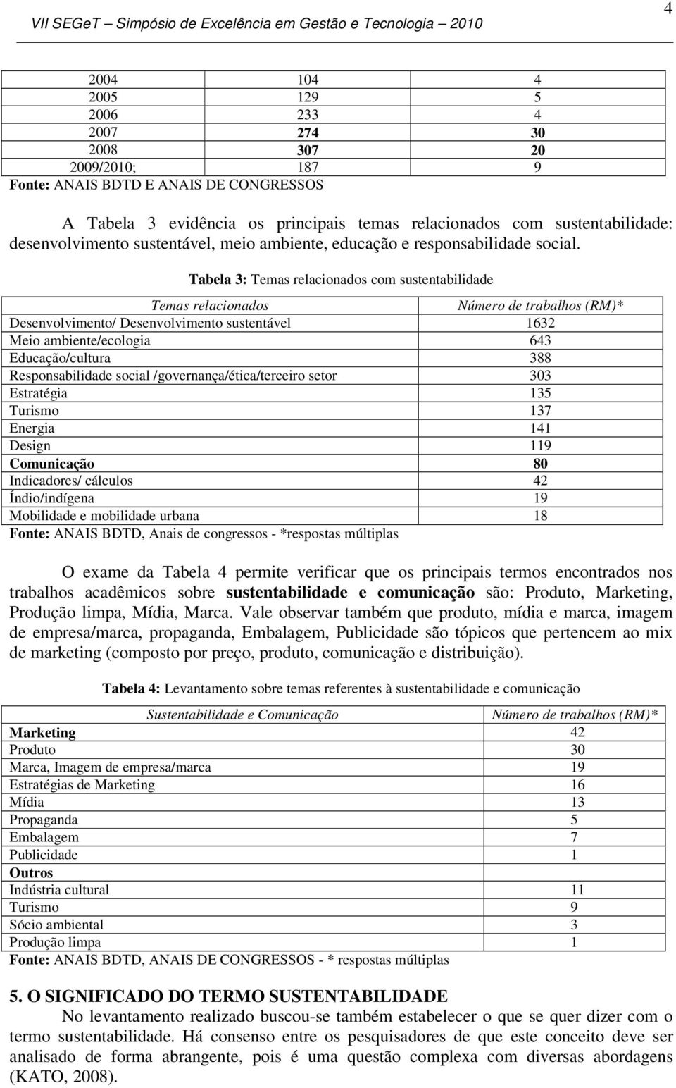 Tabela 3: Temas relacionados com sustentabilidade Temas relacionados Número de trabalhos (RM)* Desenvolvimento/ Desenvolvimento sustentável 1632 Meio ambiente/ecologia 643 Educação/cultura 388