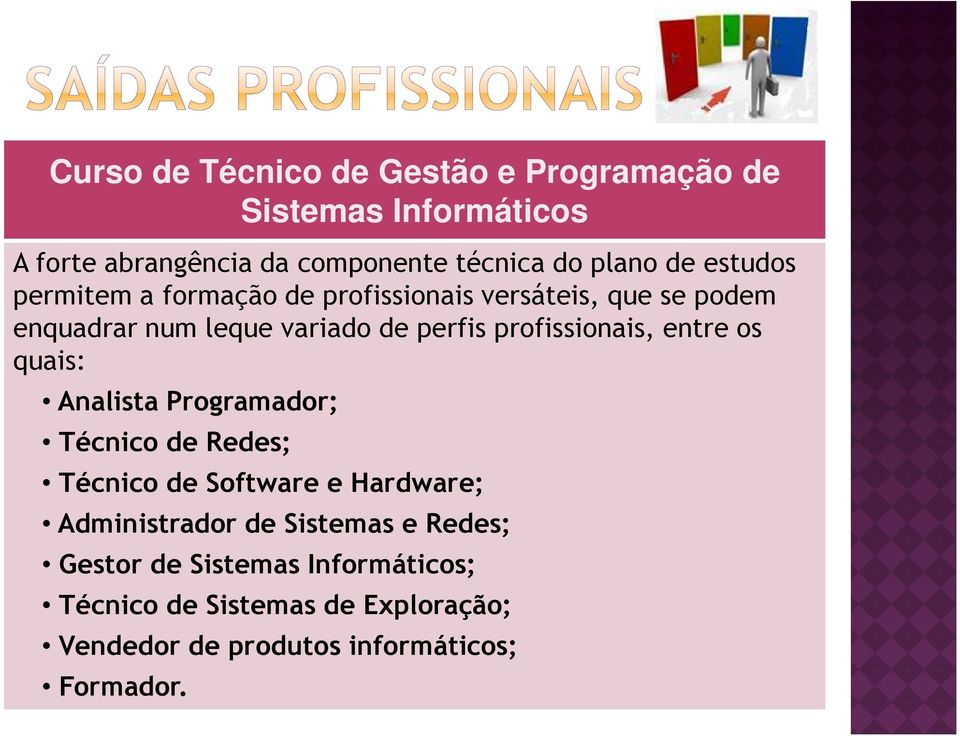 profissionais, entre os quais: Analista Programador; Técnico de Redes; Técnico de Software e Hardware; Administrador de