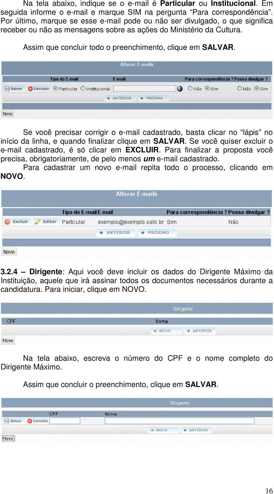 Assim que concluir todo o preenchimento, clique em SALVAR. Se você precisar corrigir o e-mail cadastrado, basta clicar no lápis no início da linha, e quando finalizar clique em SALVAR.