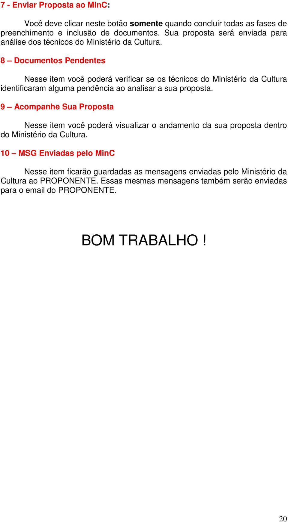 8 Documentos Pendentes Nesse item você poderá verificar se os técnicos do Ministério da Cultura identificaram alguma pendência ao analisar a sua proposta.