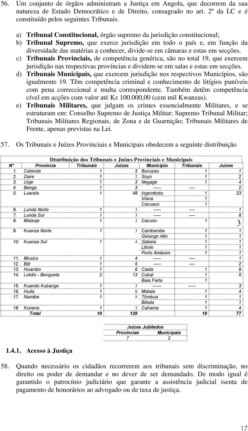 câmaras e estas em secções. c) Tribunais Provinciais, de competência genérica, são no total 19, que exercem jurisdição nas respectivas províncias e dividem-se em salas e estas em secções.