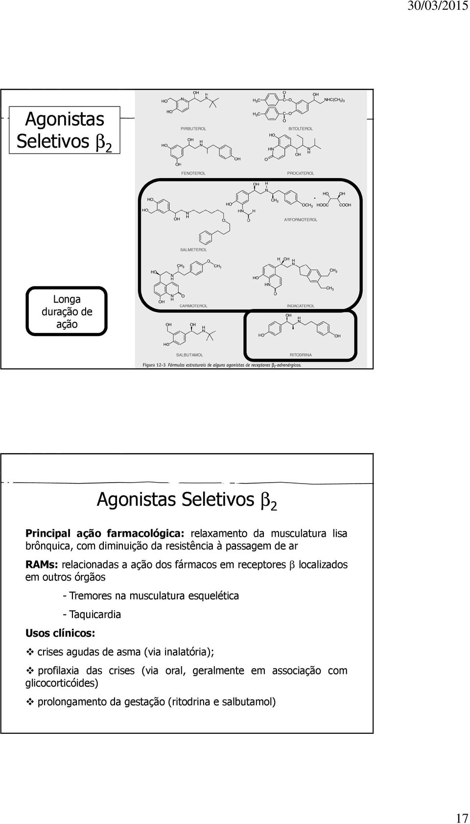 Tremores na musculatura esquelética - Taquicardia Usos clínicos: Agonistas Seletivos β 2 crises agudas de asma (via inalatória);