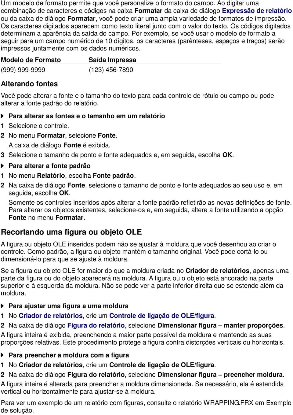 impressão. Os caracteres digitados aparecem como texto literal junto com o valor do texto. Os códigos digitados determinam a aparência da saída do campo.