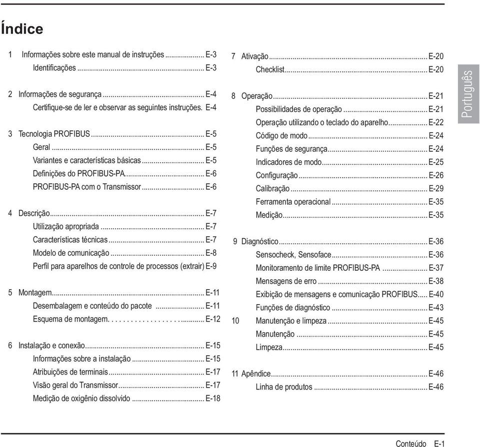 .. E-7 Características técnicas... E-7 Modelo de comunicação... E-8 Perfi l para aparelhos de controle de processos (extrair) E-9 5 Montagem... E-11 Desembalagem e conteúdo do pacote.