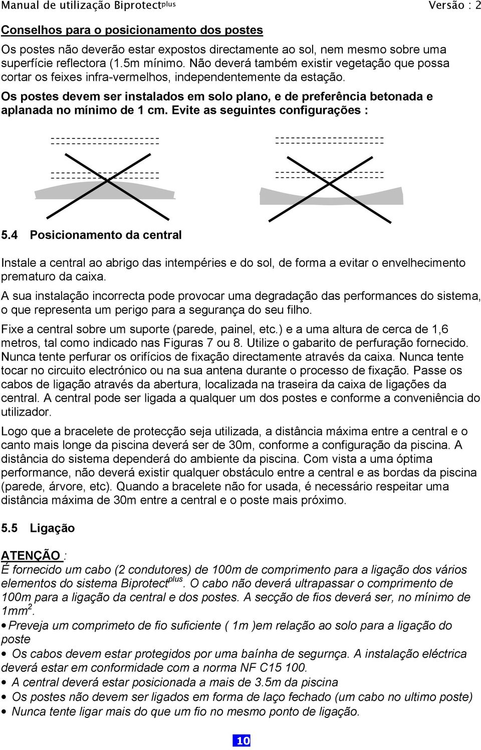 Os postes devem ser instalados em solo plano, e de preferência betonada e aplanada no mínimo de 1 cm. Evite as seguintes configurações : 5.