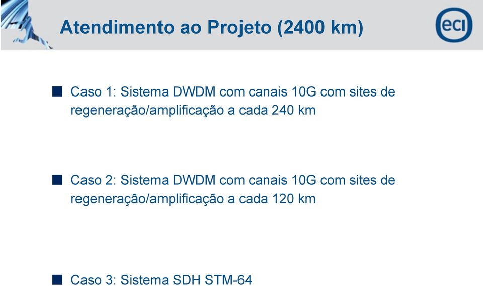 240 km Caso 2: Sistema DWDM com  120 km Caso 3: Sistema