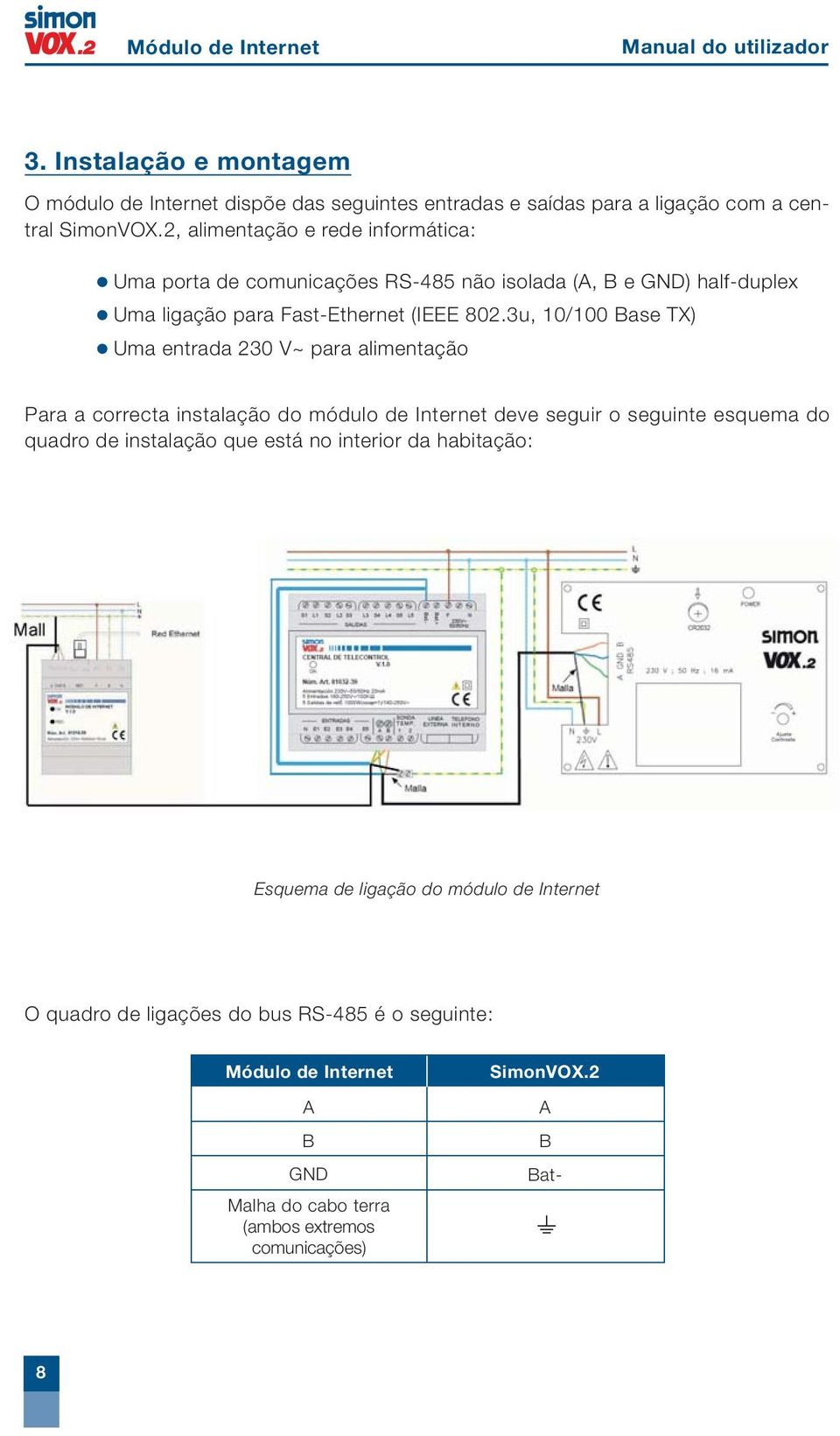 3u, 10/100 Base TX) Uma entrada 230 V~ para alimentação Para a correcta instalação do módulo de Internet deve seguir o seguinte esquema do quadro de instalação que