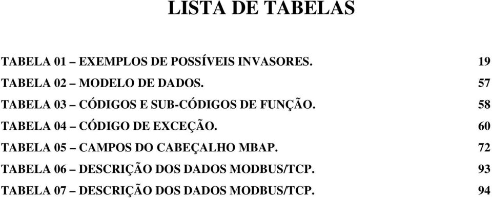 58 TABELA 04 CÓDIGO DE EXCEÇÃO. 60 TABELA 05 CAMPOS DO CABEÇALHO MBAP.