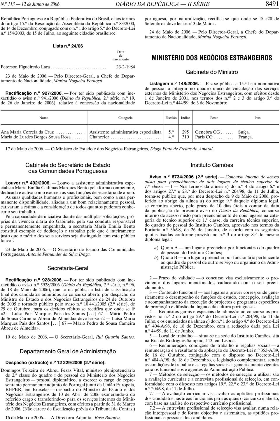 o 24/06 Data de nascimento Peterson Figueiredo Lara... 23-2-1984 23 de Maio de 2006. Pelo Director-Geral, a Chefe do Departamento de Nacionalidade, Marina Nogueira Portugal. Rectificação n.