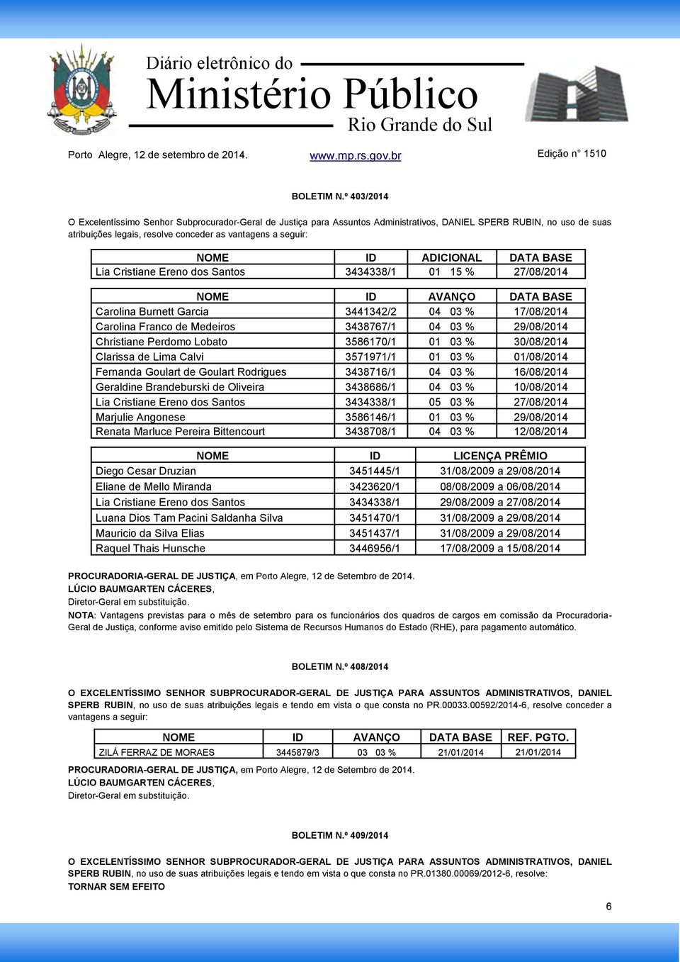 ADICIONAL DATA BASE Lia Cristiane Ereno dos Santos 3434338/1 01 15 % 27/08/2014 NOME ID AVANÇO DATA BASE Carolina Burnett Garcia 3441342/2 04 03 % 17/08/2014 Carolina Franco de Medeiros 3438767/1 04