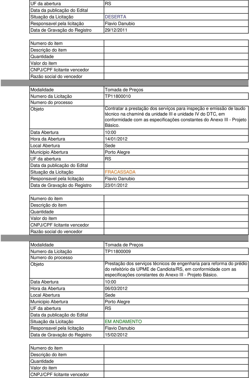 FRACASSADA Data de Gravação do Registro 23/01/2012 TP11800009 Hora da Abertura 06/03/2012 Prestação dos serviços técnicos de engenharia para reforma