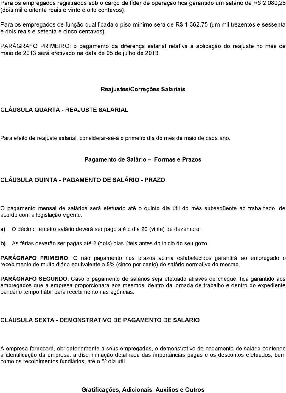 PARÁGRAFO PRIMEIRO: o pagamento da diferença salarial relativa à aplicação do reajuste no mês de maio de 2013 será efetivado na data de 05 de julho de 2013.